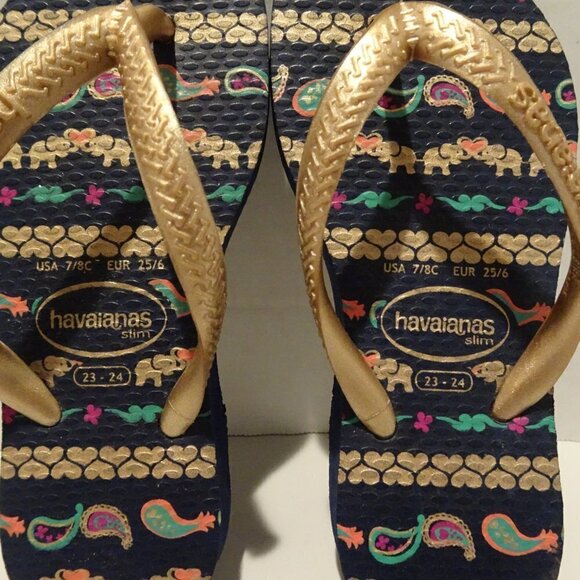 HAVAIANAS Blue Gold Green Elephant Little Girl Slim Flip Flops Size 7/8 Sandals - Picture 2 of 3